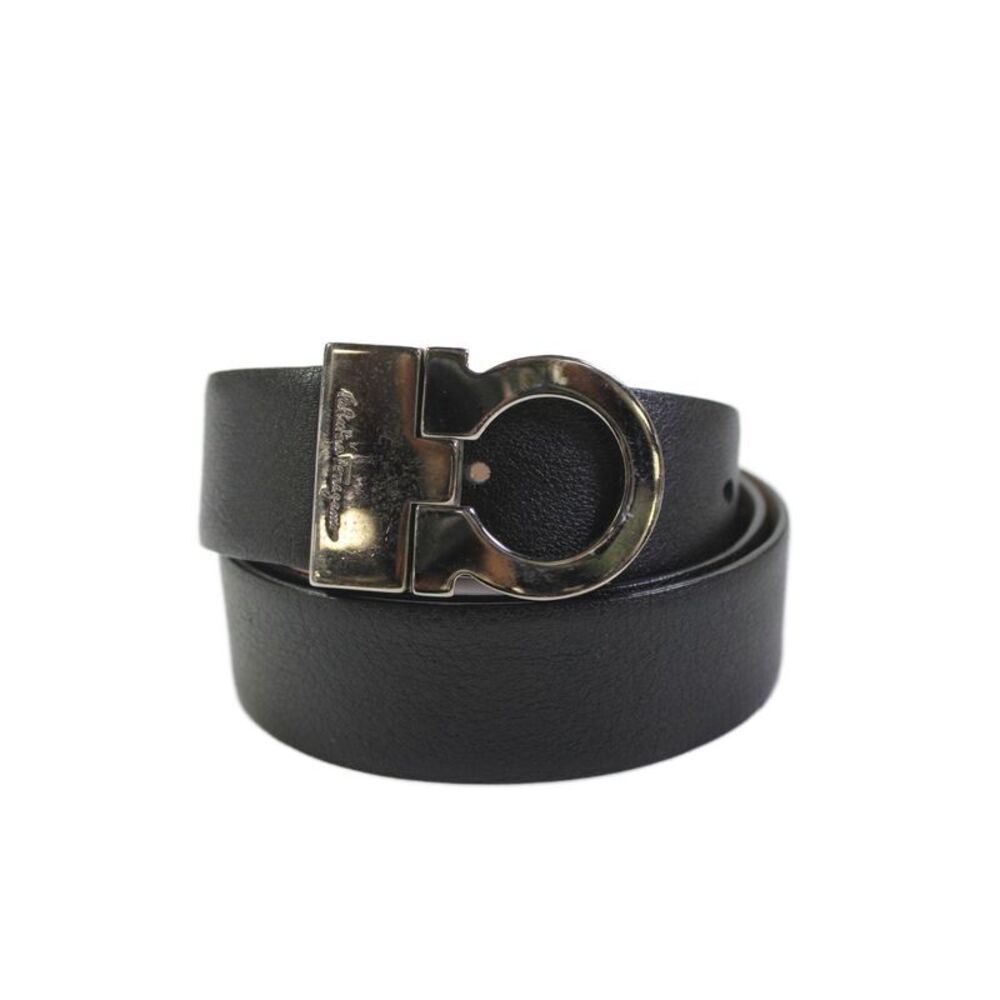 Ferragamo Womens Leather Normal Classic Silver Buckle Belt Black Size S